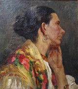 Zinaida Kovalevskaya, 1902-1979,
Frauenportrait,
Öl/Lwd./Holz, 42,5x37 cm