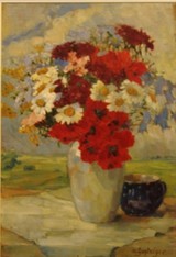 Anna Sophie Gasteiger, 1877-1954,
Feldblumenstrauß im Gegenlicht,
Öl/Karton, 65x44,5 cm