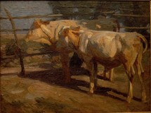 Heinrich von Zügel, 1850-1941,
Zwei Kühe am Gatter,
Öl/Lwd., 60x80 cm