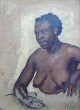 Wilhelm Kuhnert, 1865-1926
Halbakt einer Afrikanerin,
Öl/Malplatte, 71,5x52 cm
rückseitig: War im Besitz seines Mäzens Paul Bülow, Berlin-Charlottenburg, Niebuhrstraße 72