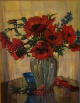 Anna Sophie Gasteiger,
Mohn in Opal-Glasvase,
Öl/Malplatte, 63,8x49,5 cm